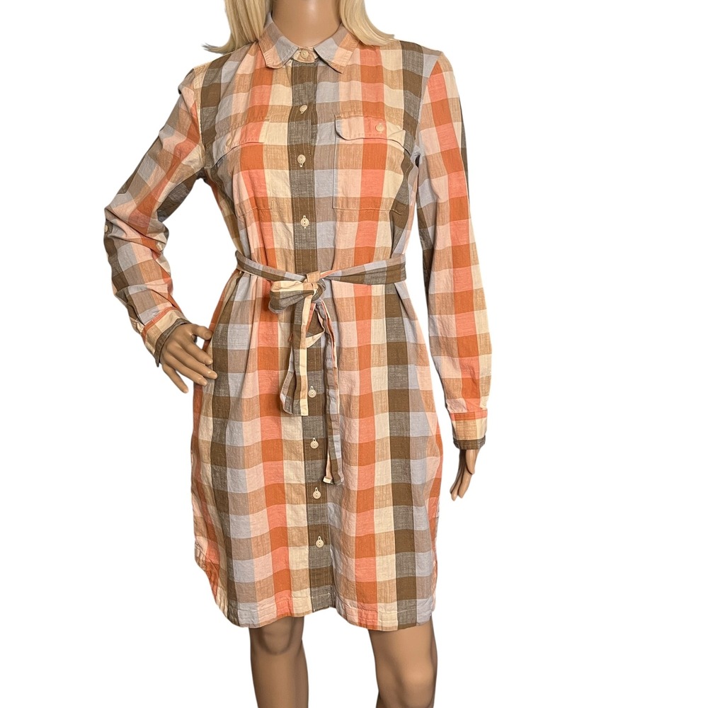 L.L. Bean Signature Plaid Shirt Dress Womens XS Button Front Belted‎ Casual Fall